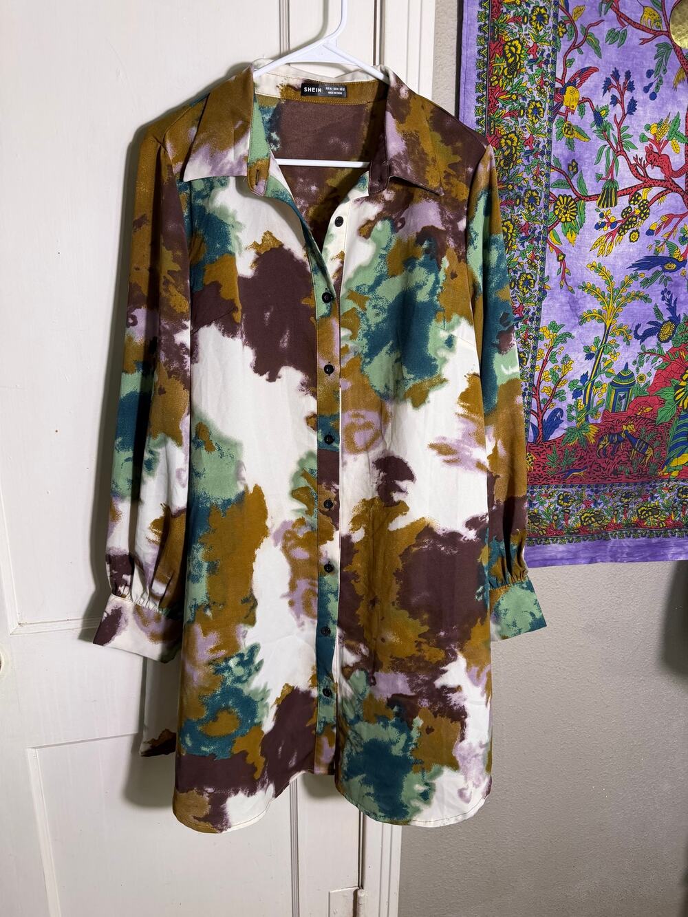 SHEIN XL Shirt Dress Abstract Watercolor Print Button Front Long Sleeve US 12